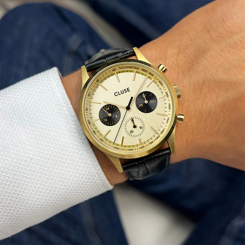 CLUSE Anthéor Ρολόι Επίχρυσο Ανοιξείδωτο Ατσάλι Μαύρο Δερματινο Λουρί CW21005