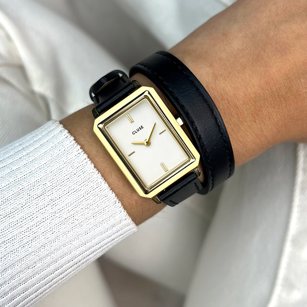CLUSE Fluette Ρολόι Επιχρυσωμένο Ανοξείδωτο Ατσάλι Διπλό Μαύρο δερμάτινο λουράκι CW11513