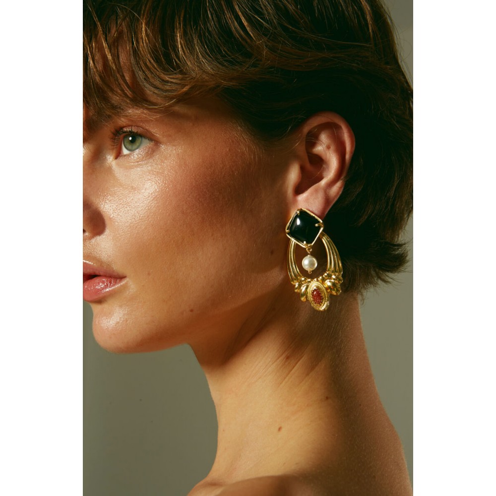 DESPERATE DESIGN ISABEL Earrings Gold Bronze Pearls Black Agate DESPERATE DESIGN ISABEL Earrings Gold Bronze Pearls Black Agate