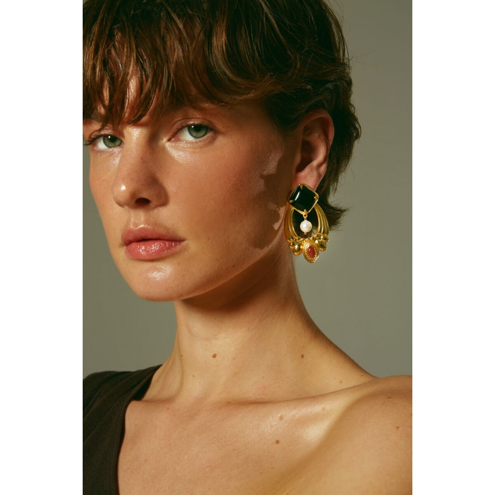 DESPERATE DESIGN ISABEL Earrings Gold Bronze Pearls Black Agate DESPERATE DESIGN ISABEL Earrings Gold Bronze Pearls Black Agate