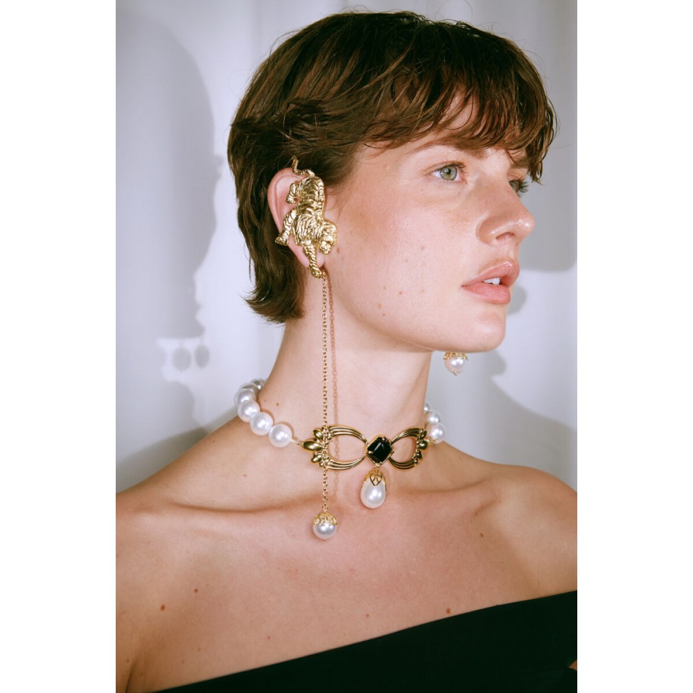DESPERATE DESIGN ISABEL Choker Necklace Gold Bronze Pearls Black Agate