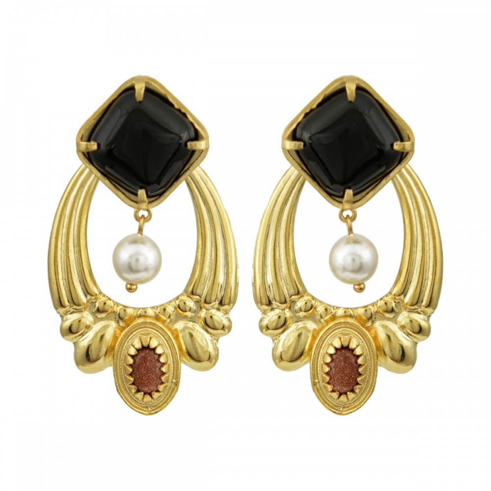 DESPERATE DESIGN ISABEL Earrings Gold Bronze Pearls Black Agate DESPERATE DESIGN ISABEL Earrings Gold Bronze Pearls Black Agate