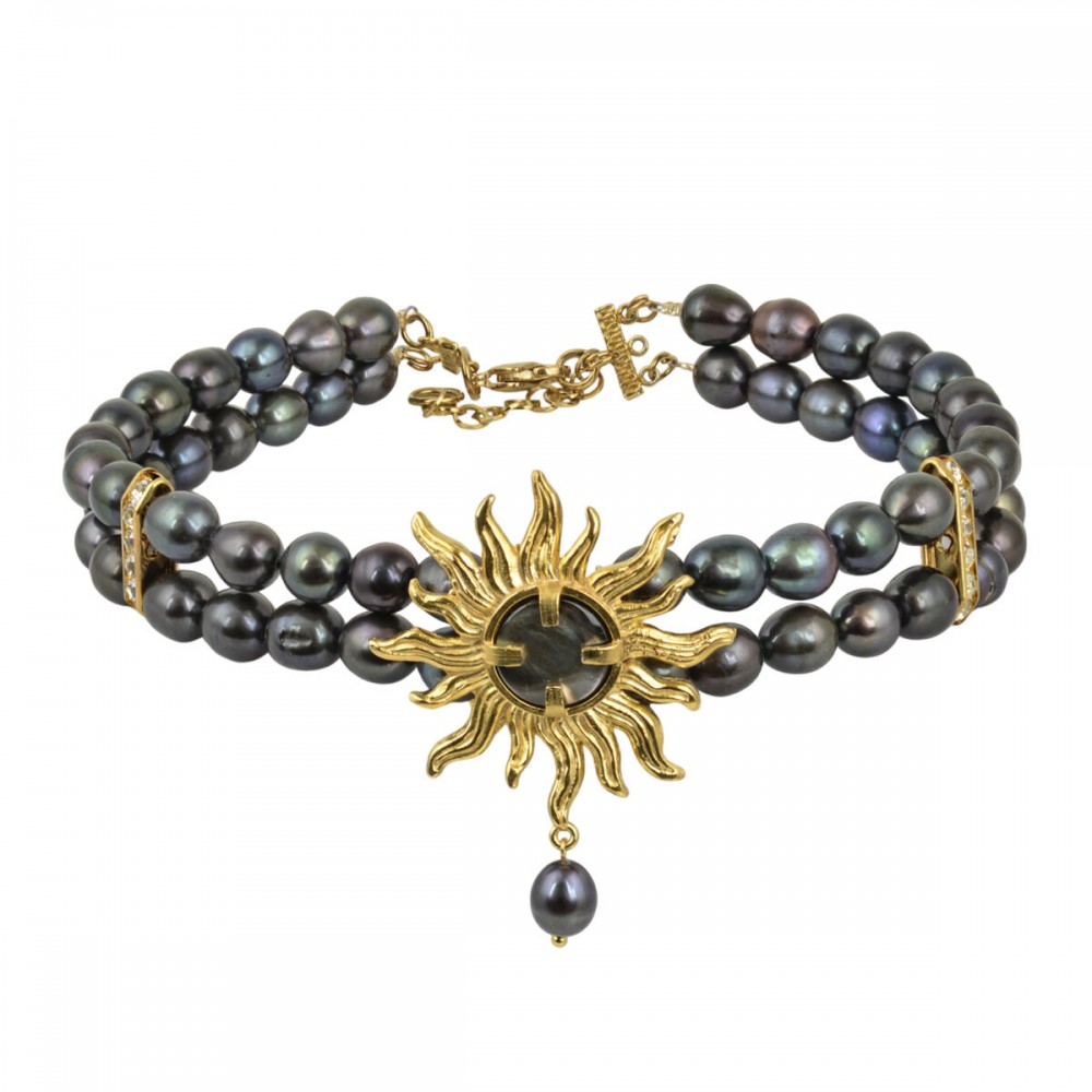 DESPERATE DESIGN CAMILA Choker Necklace Black Pearls Gold Bronze 