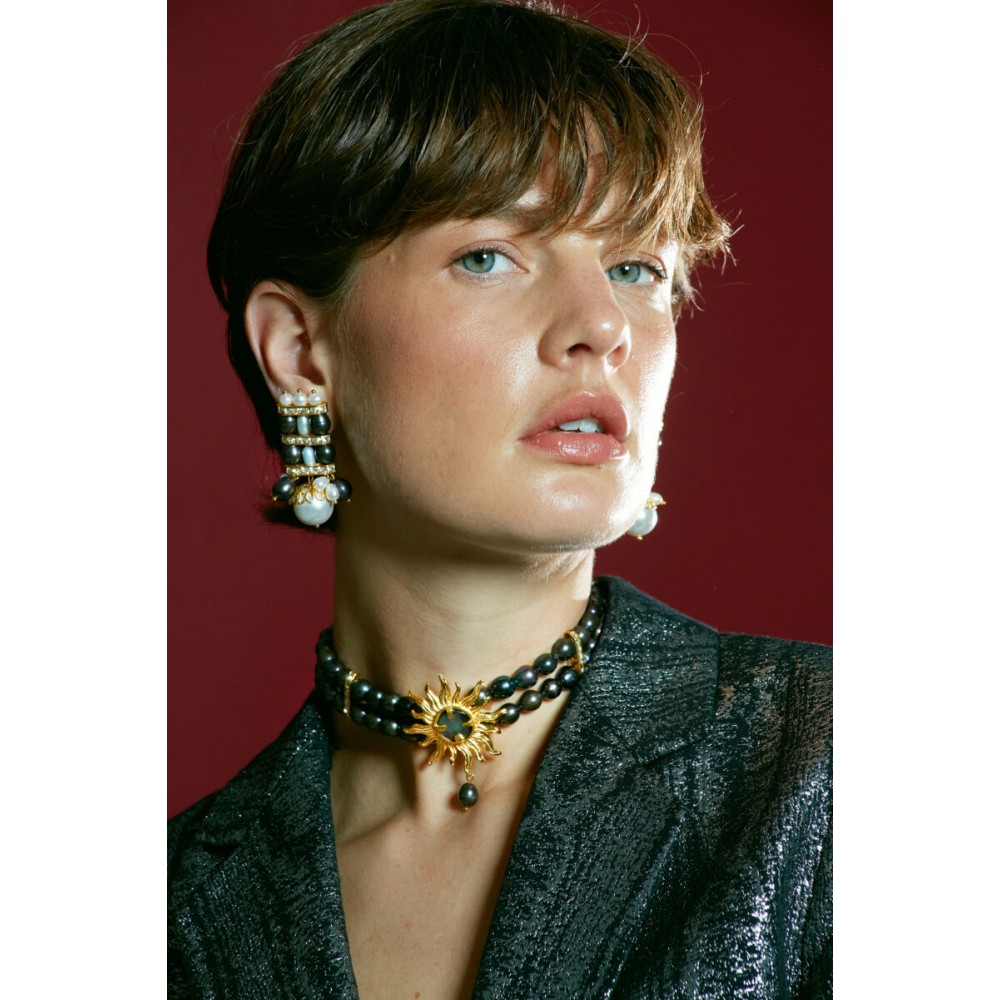 DESPERATE DESIGN CAMILA Choker Necklace Black Pearls Gold Bronze 