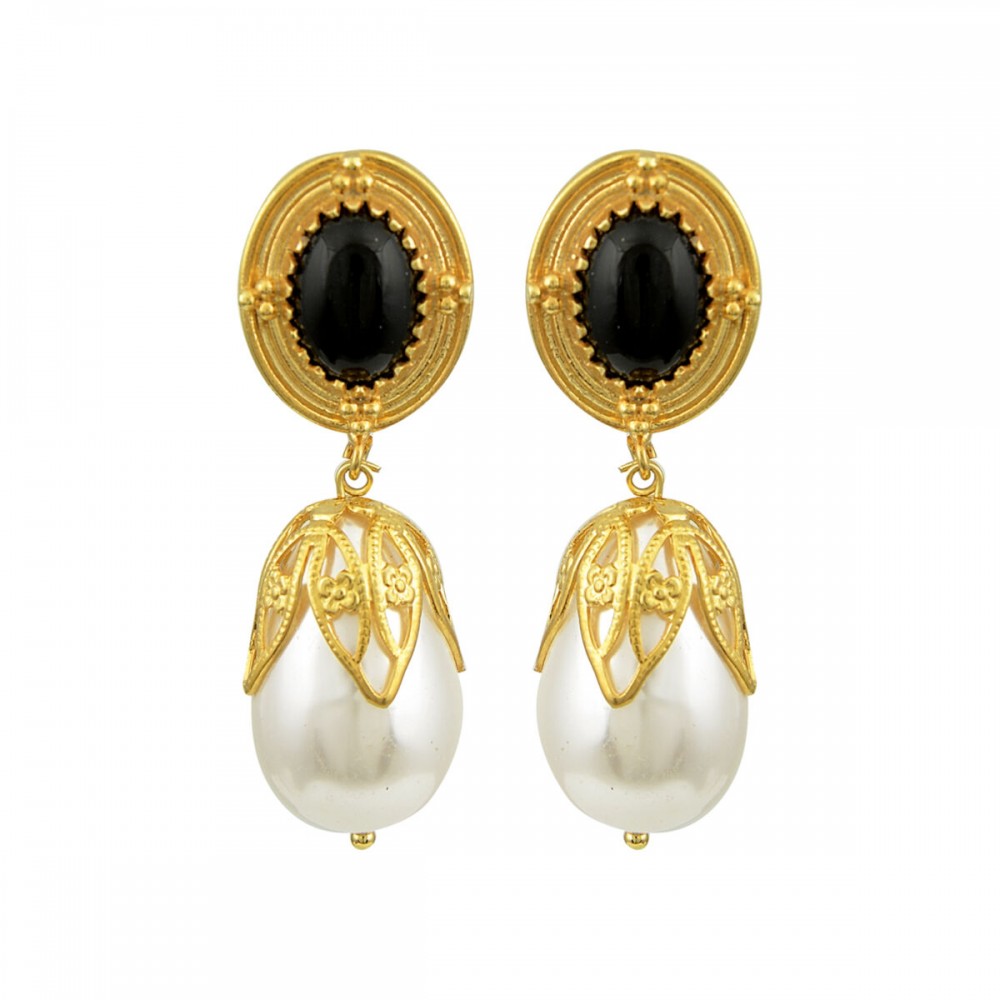DESPERATE DESIGN IRENE Earrings Gold Bronze Pearls Black Agate