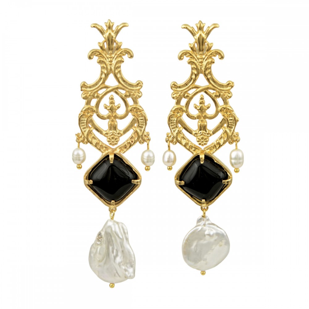 DESPERATE DESIGN JIMENA Earrings Gold Bronze Pearls Black Agate DESPERATE DESIGN JIMENA Earrings Gold Bronze Pearls Black Agate
