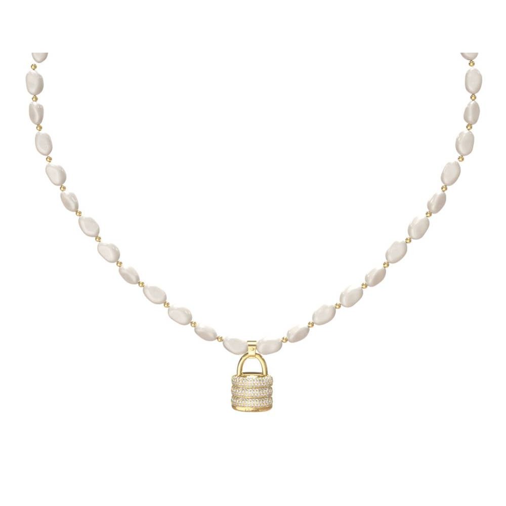 GUESS STEEL GUESS MY SECRET JUBN05405JWYGT/U Κολιέ Χρυσό Με Άσπρες Πέρλες Και Λουκετάκι Με Πέτρες