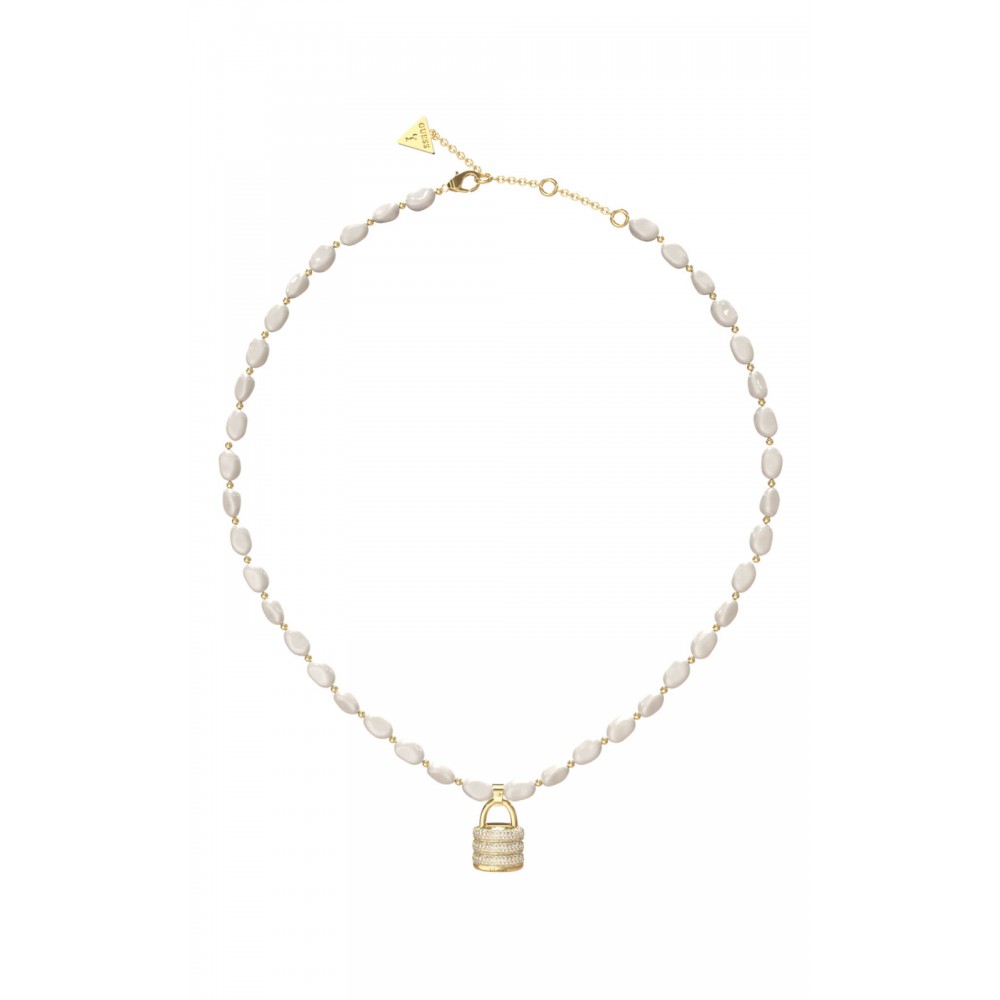 GUESS STEEL GUESS MY SECRET JUBN05405JWYGT/U Κολιέ Χρυσό Με Άσπρες Πέρλες Και Λουκετάκι Με Πέτρες