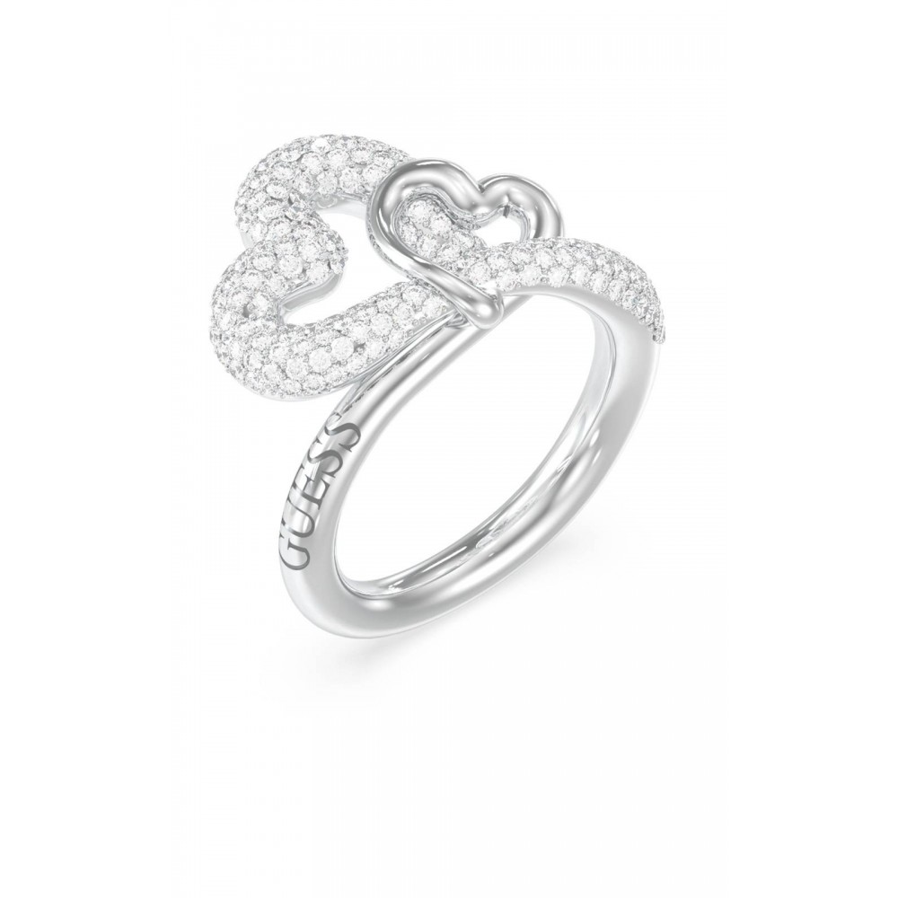 GUESS STEEL LOVE BITES Δαχτυλίδι Ασημί  Καρδιά Με Πέτρες JUBR06055JWRH54