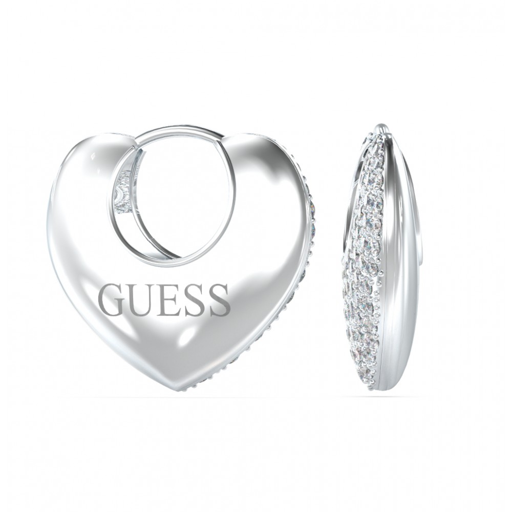 GUESS STEEL CRAZY IN LOVE Σκουλαρίκια Ασημένιες Καρδιές Με Πέτρες Και Λογότυπο JUBE05207JWRHT/U