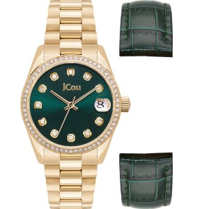 JCOU GLISS BOX SET Ρολόι  Γυναικείο Επιχρυσωμένο Ανοξείδωτο Ατσάλι Μπρασελέ  + 1 δερμάτινο πράσινο λουράκι JU19060-1