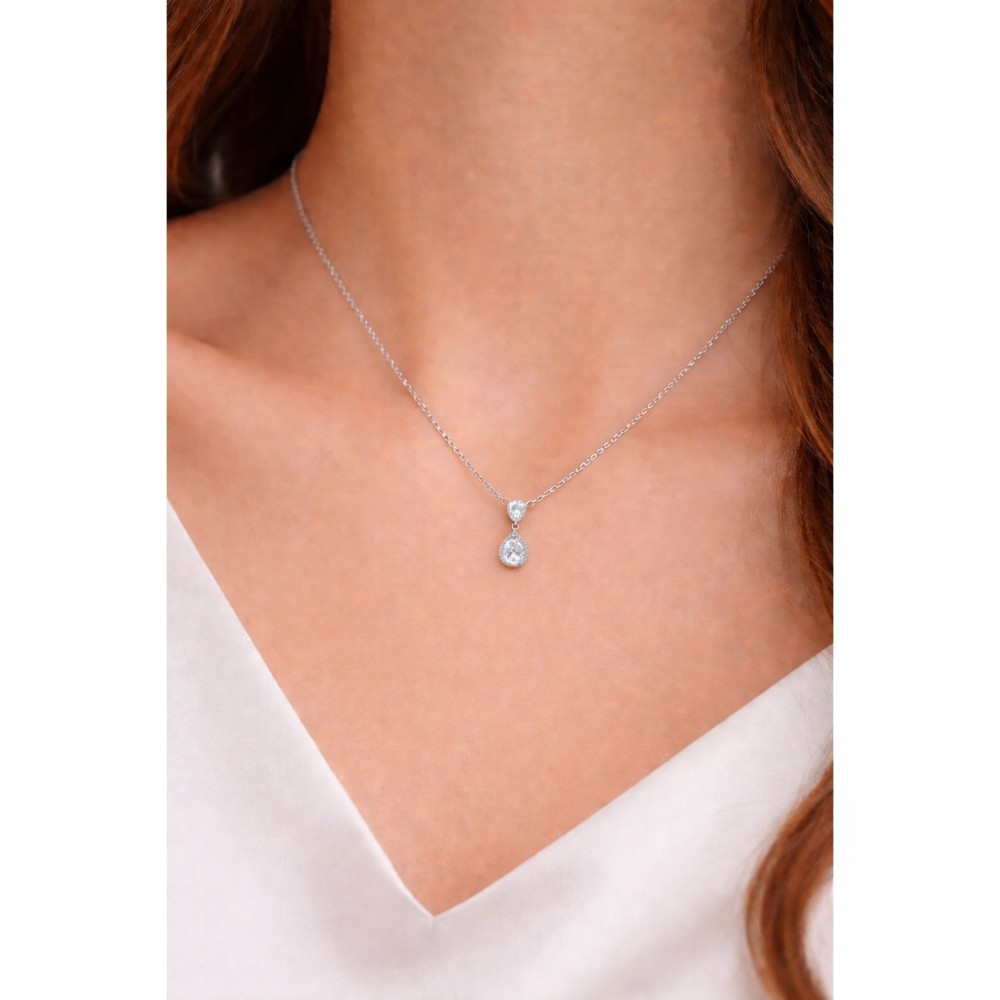 Γυναικείο Κολιέ Ροδιωμένο Ασήμι 925 με Μικρό Ζιργκόν Δάκρυ KS-047
