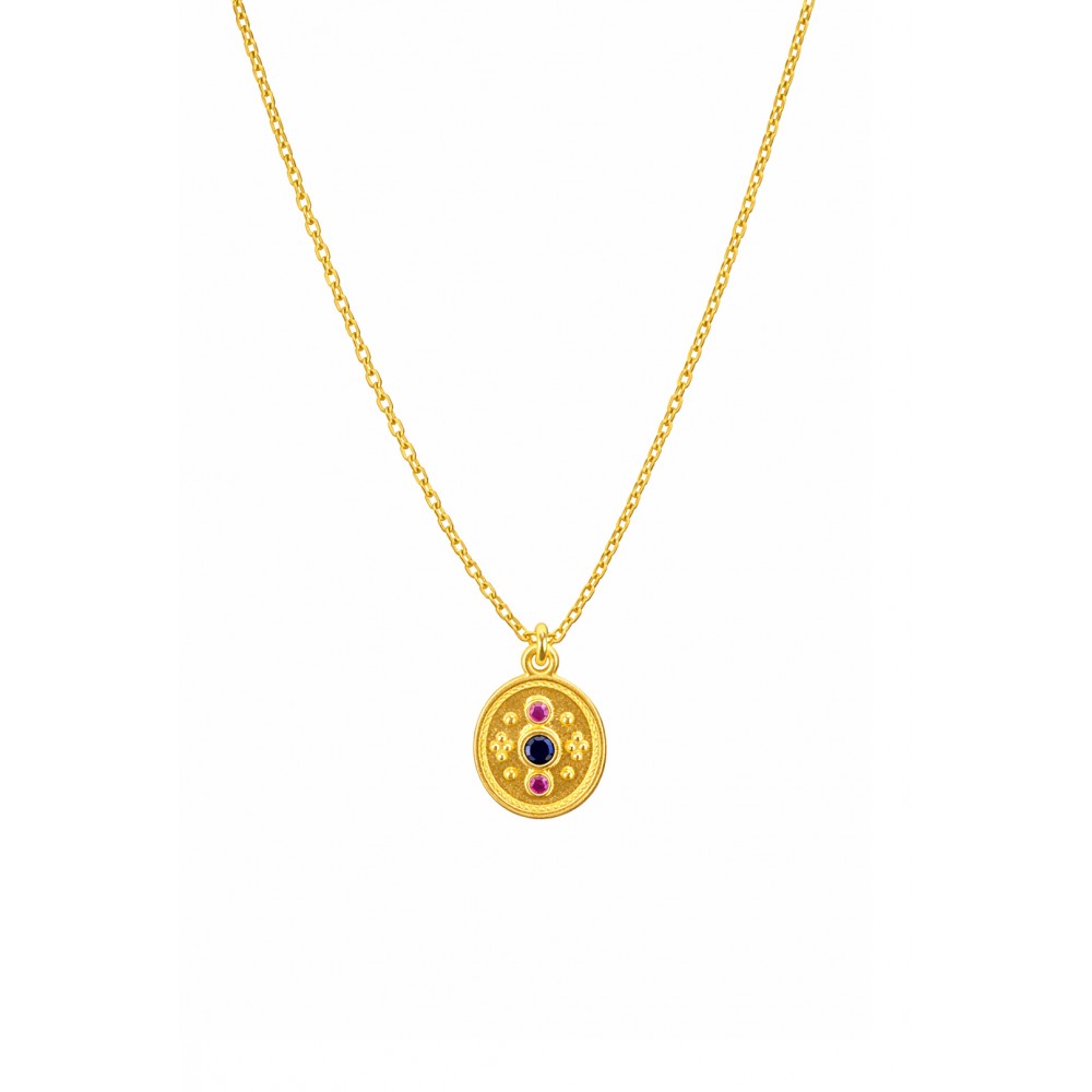 Γυναικείο Βυζαντινό Κολιέ από Ασήμι 925 Επιροδιωμένο με Μπλε & Κόκκινα Κρύσταλλα KS-070