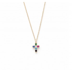 Γυναικείο κολιέ Σταυρός Διπλής όψης Χρυσό 9Κ με Πολύχρωμα Ζιργκόν