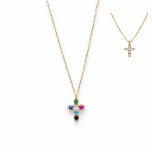 Γυναικείο κολιέ Σταυρός Διπλής όψης Χρυσό 9Κ με Πολύχρωμα Ζιργκόν