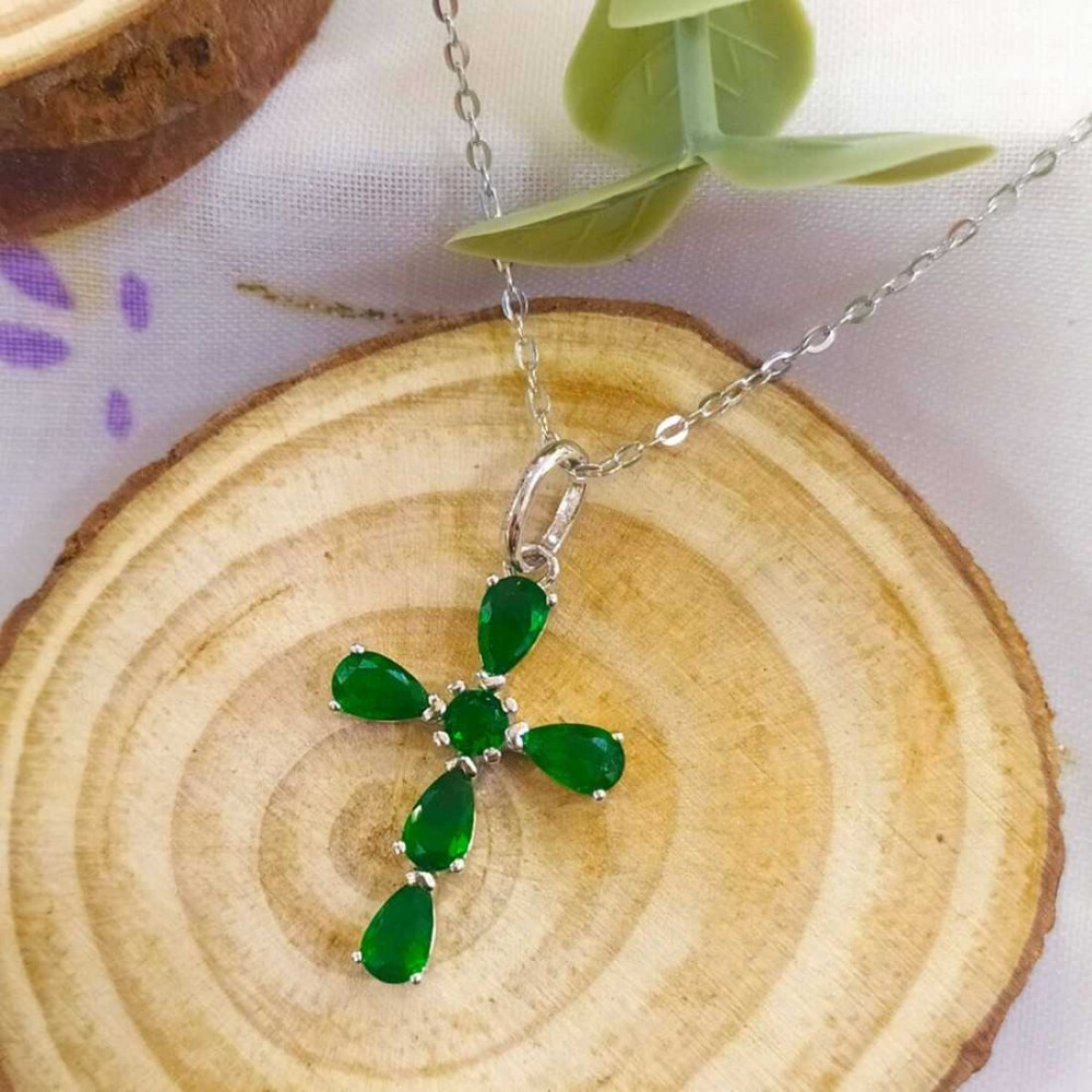 LOTUS Κολιέ Σταυρός Πράσινα Κρύσταλλα Ασήμι 925  LP3558-1/2