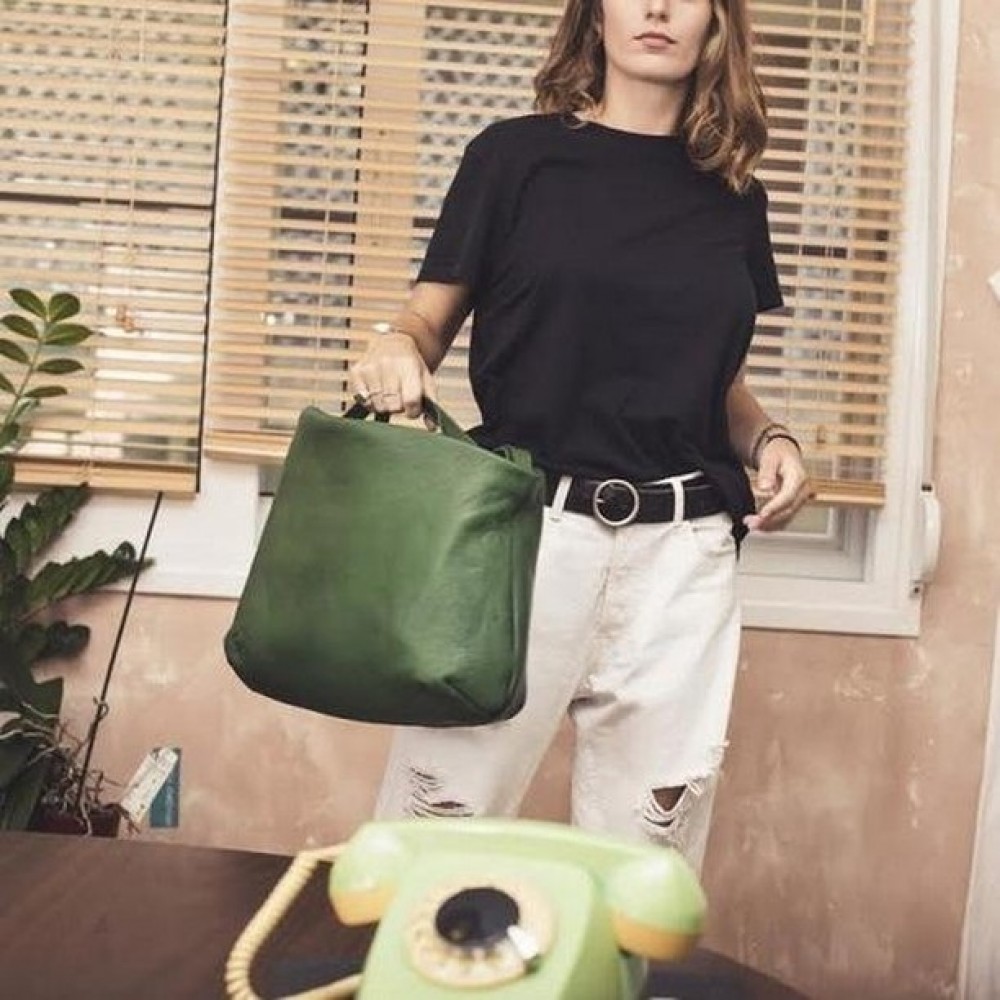 OMMA Ancona Δερμάτινη Τσάντα Ώμου Πράσινο Δέρμα