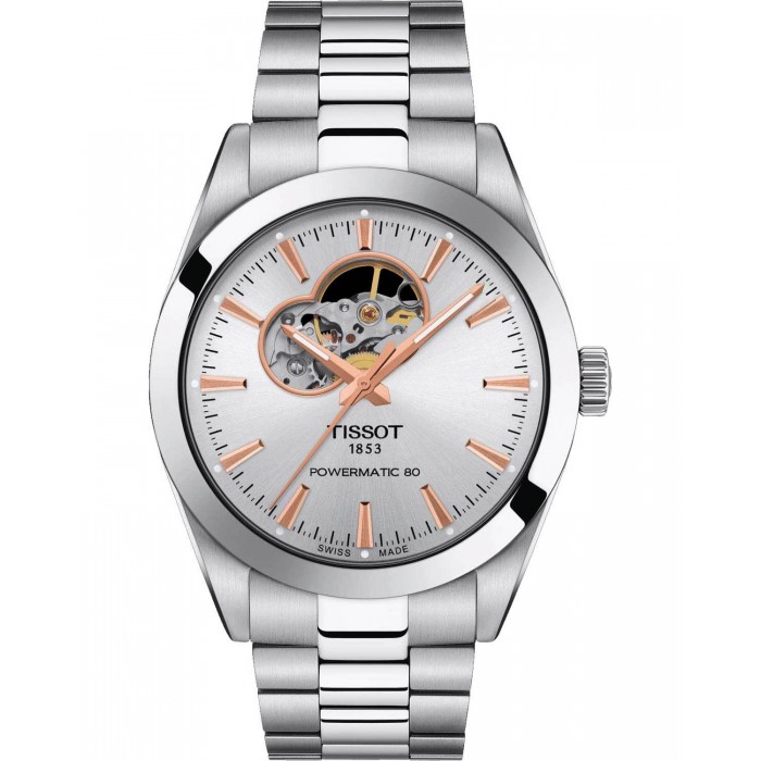 TISSOT T-Classic Open Heart Powermatic 80 Ρολόι Ανδρικό Ασημί Ανοξείδωτο Ατσάλι μπρασελέ T1274071103101