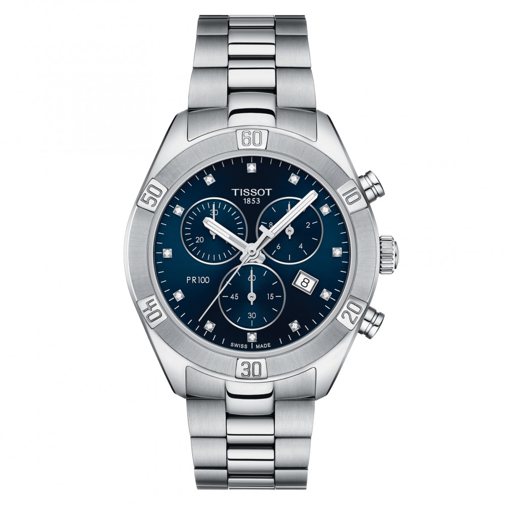 TISSOT T-Classic PR100 Diamonds Sport Chic Χρονογράφος Ρολόι Ασημί Ανοξείδωτο Ατσάλι μπρασελέ T1019171104600