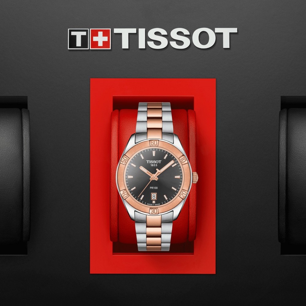 TISSOT T-Classic PR100 Sport Chic Ρολόι Ασημί/Ροζ Επιχρυσωμένο Ανοξείδωτο Ατσάλι μπρασελέ T1019102206100