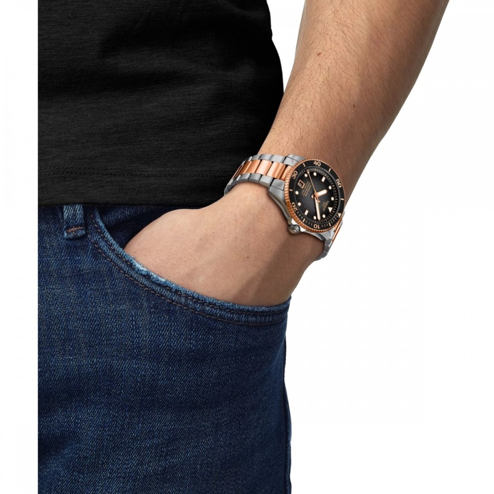 TISSOT T-Sport Seastar 1000 Powermatic 80 Ρολόι Ασημί/Ροζ Επιχρυσωμένο Ανοξείδωτο Ατσάλι μπρασελέ T1208072205101