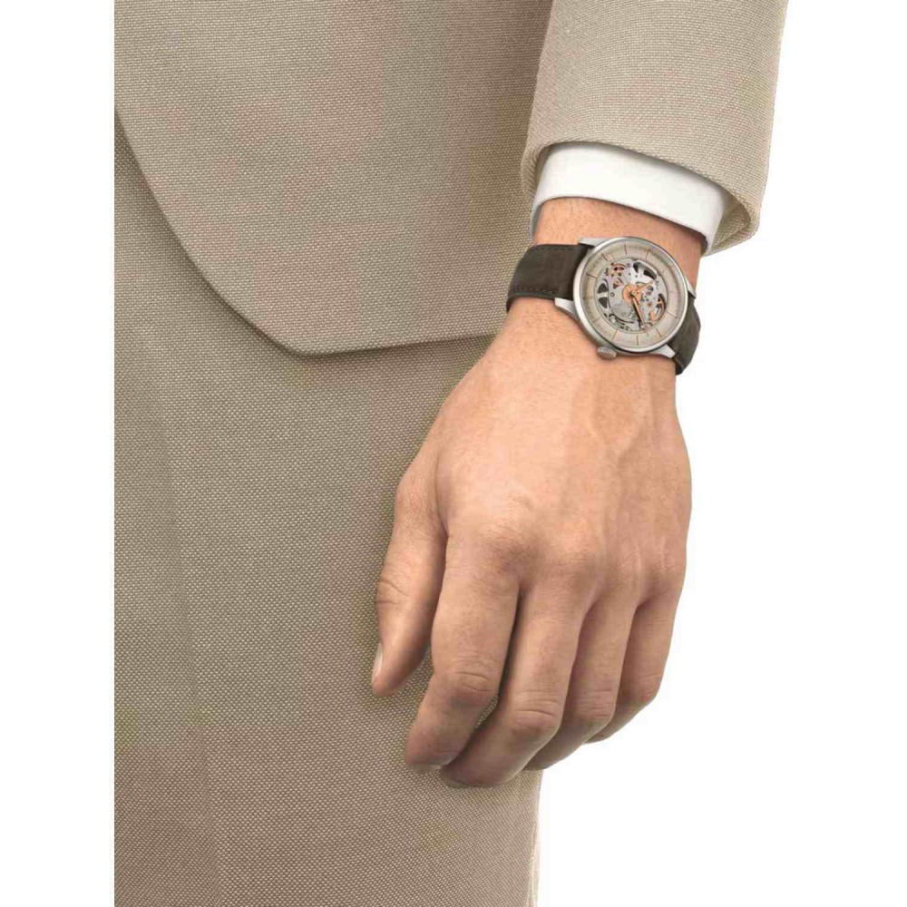TISSOT CHEMIN DES TOURELLES SQUELETTE Αυτόματο Ρολόι Καφέ Δερμάτινο λουράκι T1398361626100