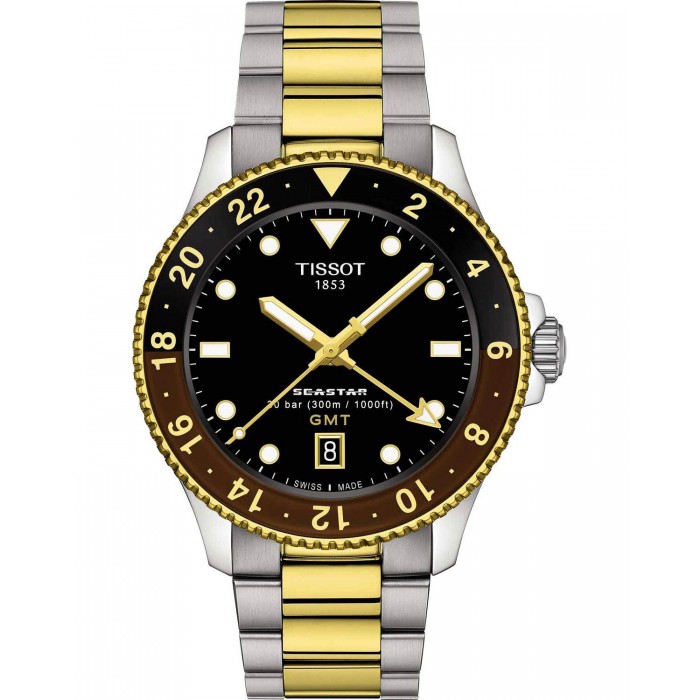 TISSOT T-Sport Seastar 1000 Dual Time GMT Ασημί/Επιχρυσωμένο Ανοξείδωτο Ατσάλι μπρασελέ T1208522205100