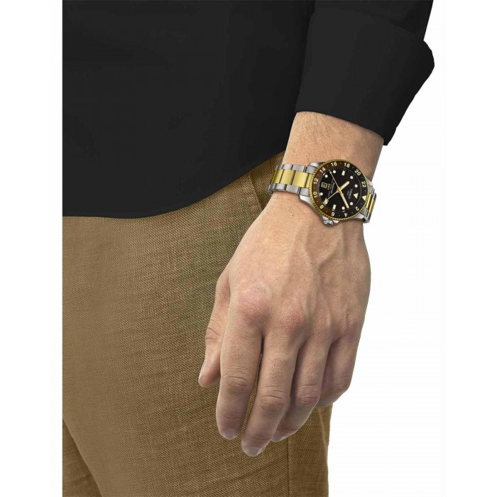 TISSOT T-Sport Seastar 1000 Dual Time GMT Ασημί/Επιχρυσωμένο Ανοξείδωτο Ατσάλι μπρασελέ T1208522205100