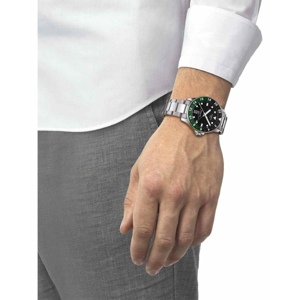 TISSOT T-Sport Seastar 1000 Dual Time GMT Ασημί Ανοξείδωτο Ατσάλι μπρασελέ T1208521105100