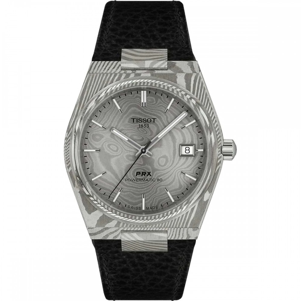 TISSOT T-Classic PRX Damascus Steel Powermatic 80 38mm Ρολόι Ανδρικό Μαύρο Δερμάτινο λουράκι T1378079608100