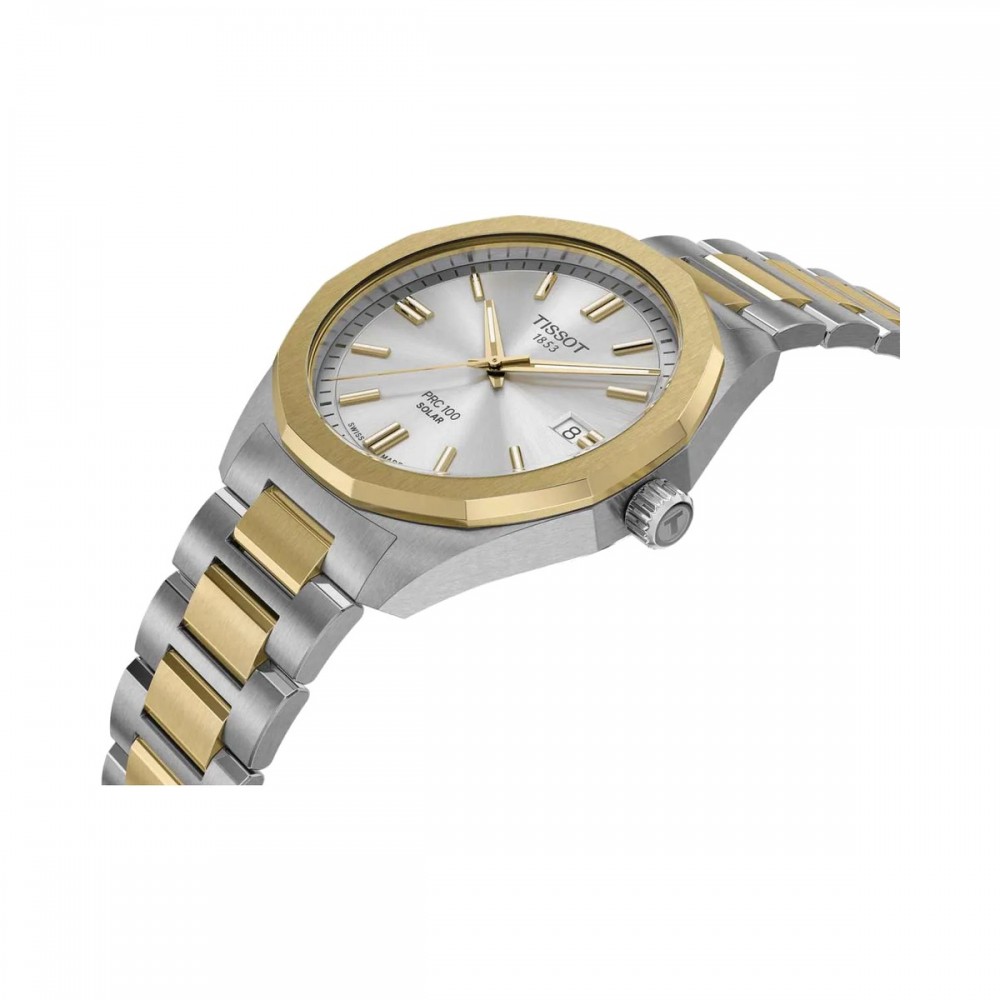 TISSOT T-Classic PRC 100 Solar Ρολόι Ανδρικό Δίχρωμο Ανοξείδωτο Ατσάλι μπρασελέ T1514222203100