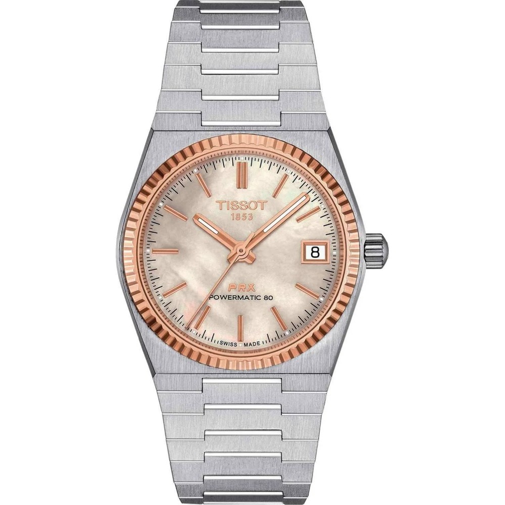 TISSOT T-Classic PRX 35  Powermatic 80 18K Rose Gold bezel 35mm Ρολόι Ασημι Ανοξείδωτο Ατσάλι μπρασελέ T9312074111100