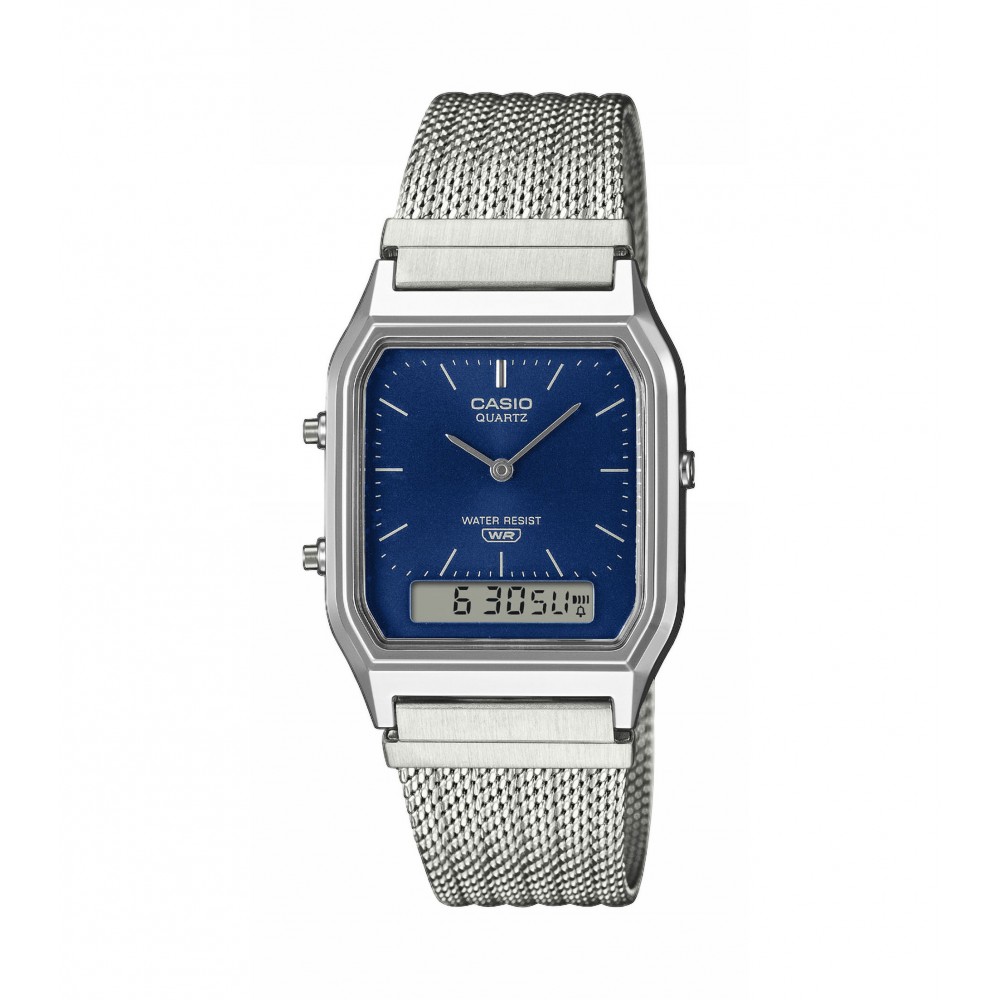 CASIO Vintage Dual Time Ρολόι Unisex Ασημί Ανοξείδωτο Ατσάλι μπρασελέ AQ-230EM-2AEF