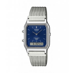 CASIO Vintage Dual Time Ρολόι Unisex Ασημί Ανοξείδωτο Ατσάλι μπρασελέ AQ-230EM-2AEF