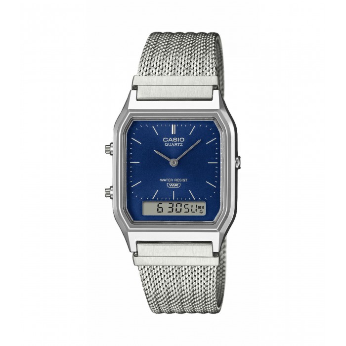CASIO Vintage Dual Time Ρολόι Unisex Ασημί Ανοξείδωτο Ατσάλι μπρασελέ AQ-230EM-2AEF