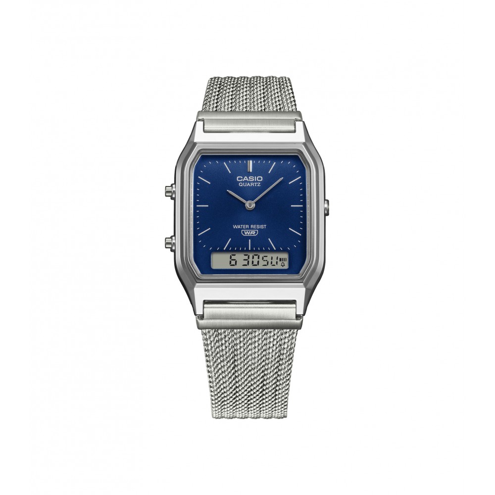 CASIO Vintage Dual Time Ρολόι Unisex Ασημί Ανοξείδωτο Ατσάλι μπρασελέ AQ-230EM-2AEF
