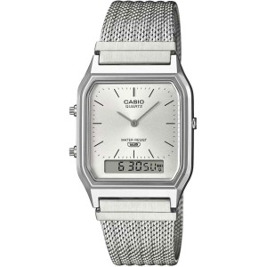 CASIO Vintage Dual Time Ρολόι Unisex Ασημί Ανοξείδωτο Ατσάλι μπρασελέ AQ-230EM-7AEF