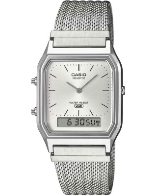 CASIO Vintage Dual Time Ρολόι Unisex Ασημί Ανοξείδωτο Ατσάλι μπρασελέ AQ-230EM-7AEF
