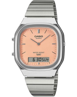 CASIO Vintage Dual Time Ρολόι Unisex Ασημί Ανοξείδωτο Ατσάλι μπρασελέ AQ-240E-4AEF