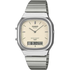 CASIO Vintage Dual Time Ρολόι Unisex Ασημί Ανοξείδωτο Ατσάλι μπρασελέ AQ-240E-7A2EF