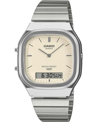 CASIO Vintage Dual Time Ρολόι Unisex Ασημί Ανοξείδωτο Ατσάλι μπρασελέ AQ-240E-7A2EF