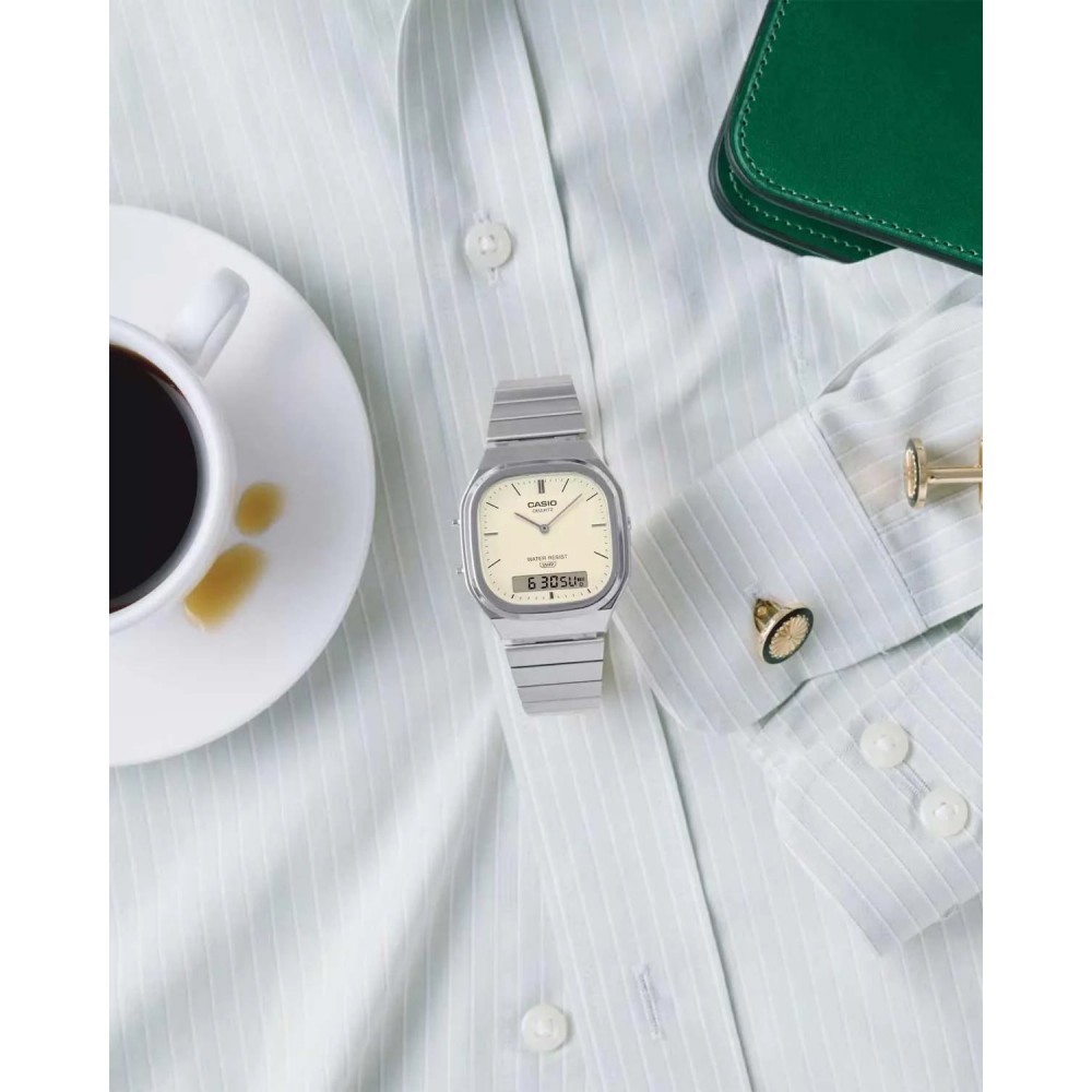 CASIO Vintage Dual Time Ρολόι Unisex Ασημί Ανοξείδωτο Ατσάλι μπρασελέ AQ-240E-7A2EF