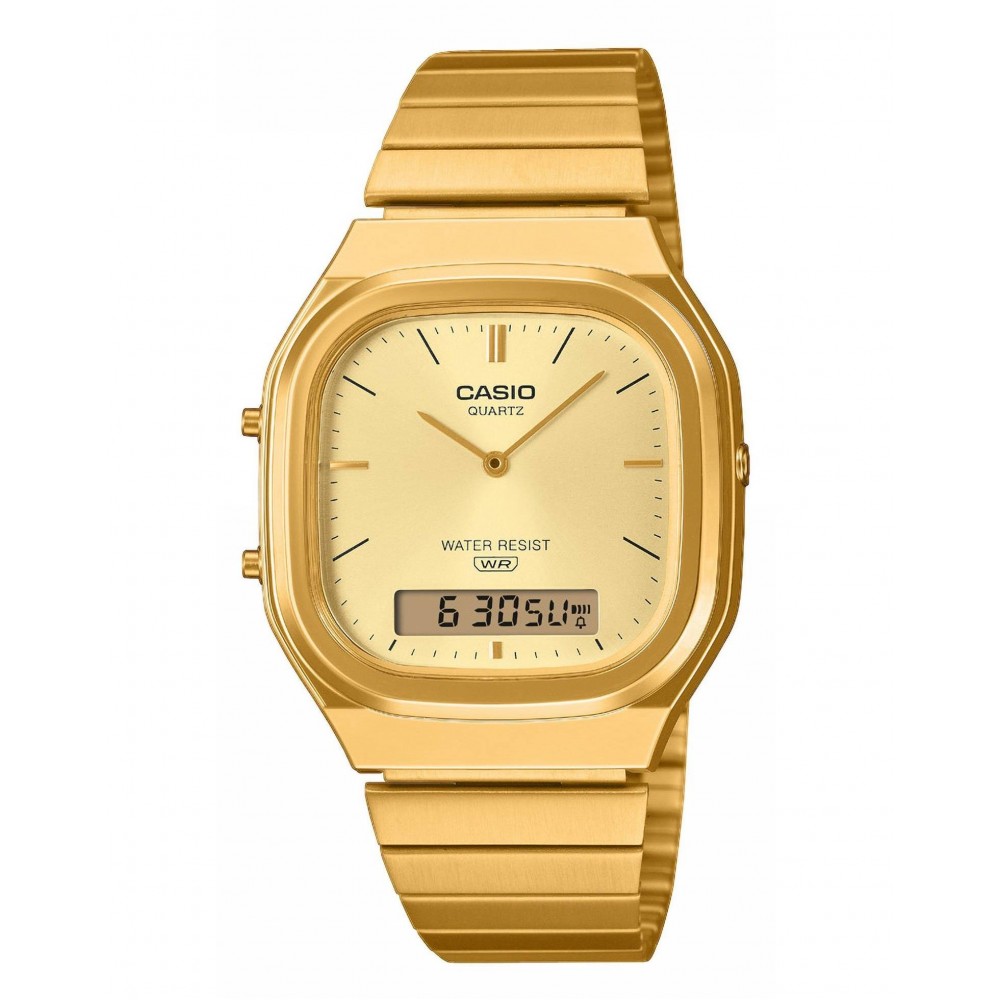 CASIO Vintage Dual Time Ρολόι Unisex Επιχρυσωμένο Ανοξείδωτο Ατσάλι μπρασελέ AQ-240EG-9AEF