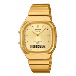CASIO Vintage Dual Time Ρολόι Unisex Επιχρυσωμένο Ανοξείδωτο Ατσάλι μπρασελέ AQ-240EG-9AEF