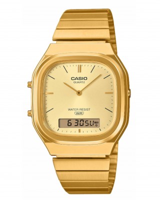 CASIO Vintage Dual Time Ρολόι Unisex Επιχρυσωμένο Ανοξείδωτο Ατσάλι μπρασελέ AQ-240EG-9AEF