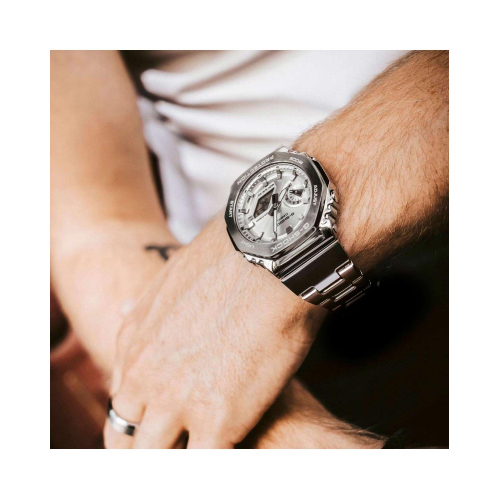 CASIO G-SHOCK Dual Time Χρονογράφος Ρολόι Ασημί Ανοξείδωτο Ατσάλι μπρασελέ GM-2110D-7AER