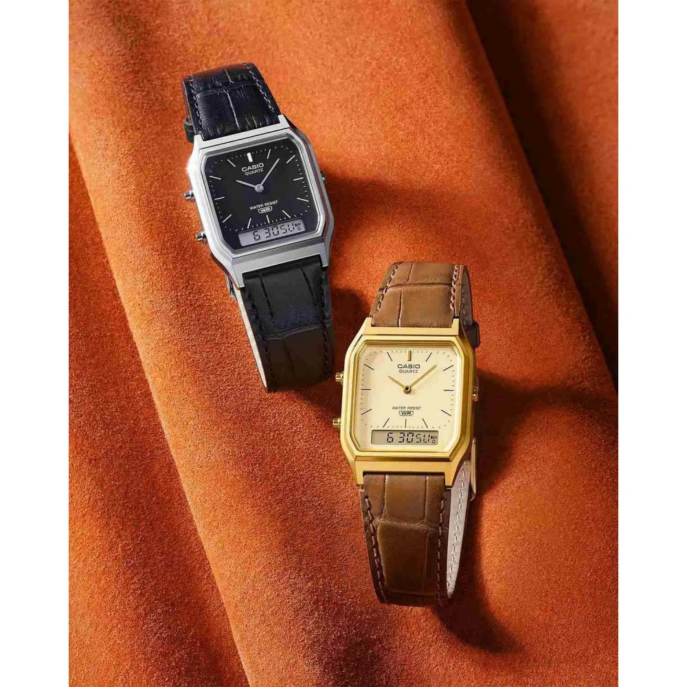 CASIO Collection Dual Τime Ρολόι Μαύρο Δερμάτινο λουράκι AQ-230EL-1AEF