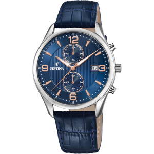 FESTINA Ανδρικό Ρολόι Χρονογράφος Μπλε Δερμάτινο Λουράκι F6855/6