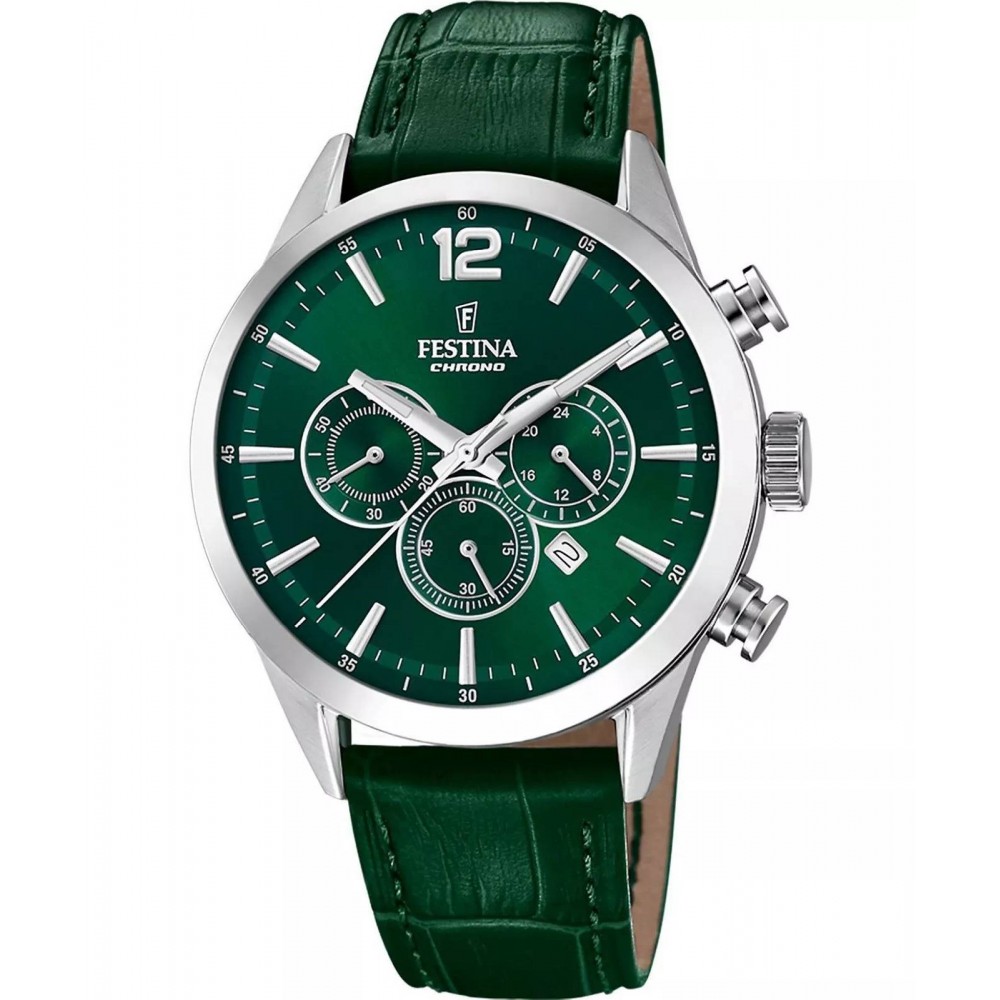 FESTINA Timeless Chonograph Men's Ρολόι Ανδρικό Πράσινο Δερμάτινο Λουράκι F20542/7