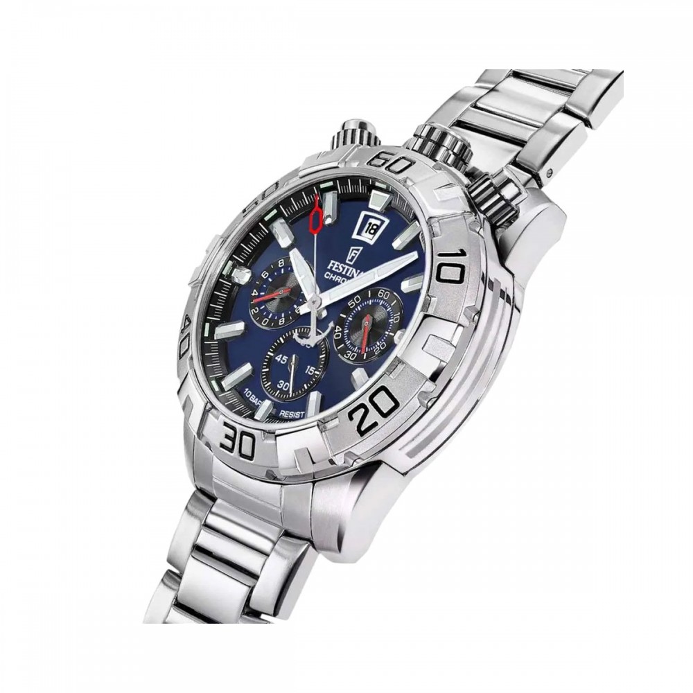 FESTINA Bullhead Ανδρικό Ρολόι Χρονογράφος Ασημί Ανοξείδωτο Ατσάλι Μπρασελέ F20743/1